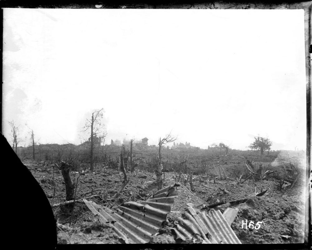 The Messines battlefield, with sheets of corrugated iron lying among shattered tree stumps. Shells burst in the background 8 Jun 1917